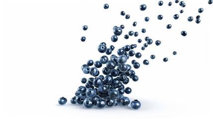 A bunch of blueberries are scattered all over the white background