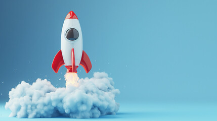 レトロでかわいいロケットが離陸する様子を3Dで立体的に描いたAI生成画像