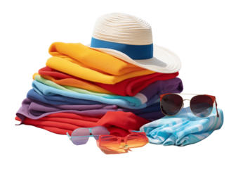 Stack of Colorful Beach Towels with Hat and Sunglasses on Sand