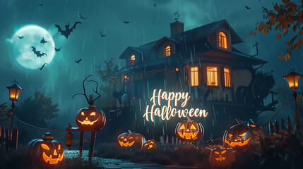 ハロウィンのカボチャランタンと洋館を怪しい雰囲気でアニメ風に描いたAI生成画像