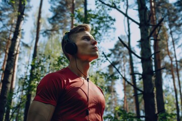 Naklejka premium A person wearing headphones stands in a forest environment