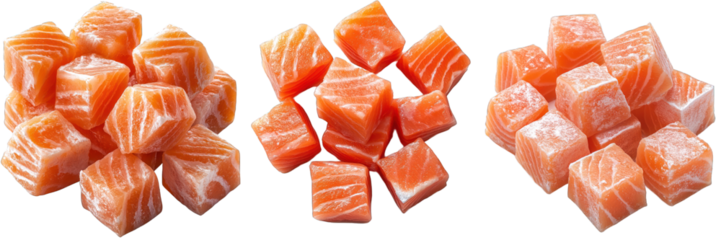 Fresh salmon cubes displayed in vibrant colors, perfect for sushi preparation and culinary presentations. transparent background