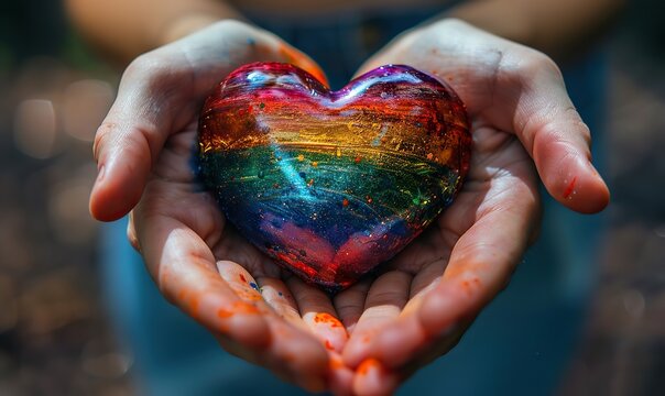 A close-up shows hands holding a heart-shaped object painted with the LGBTQ pride flag colors, symbolizing love, support, and unity in a vibrant display.