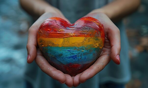 A close-up shows hands holding a heart-shaped object painted with the LGBTQ pride flag colors, symbolizing love, support, and unity in a vibrant display.