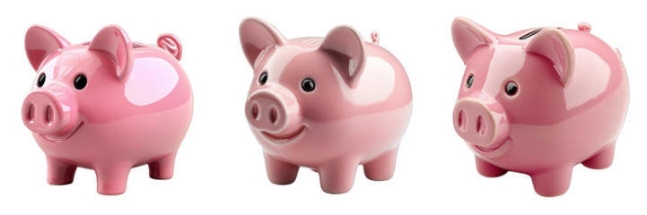 Three cheerful pink piggy banks, symbolizing savings and financial growth, perfect for finance-related concepts. transparent background