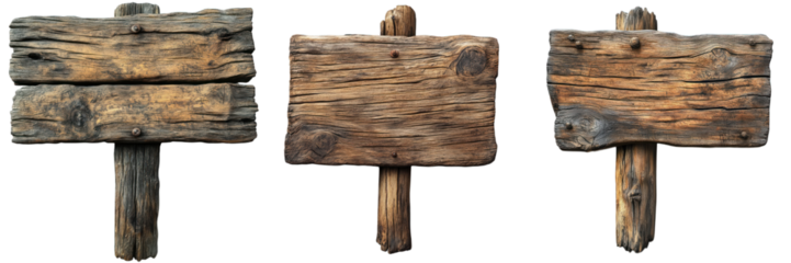 Three rustic wooden signs with empty surfaces, perfect for customization or decoration in outdoor settings. transparent background