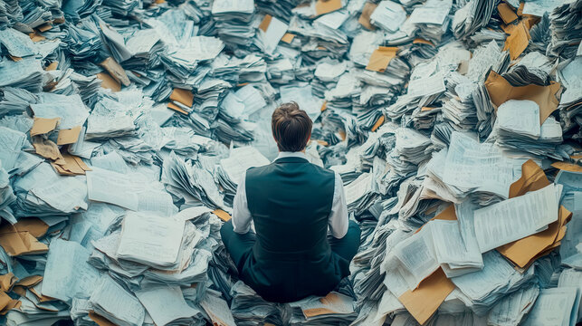 A person sitting amidst a chaotic pile of papers, symbolizing stress and overwhelm in a work environment.