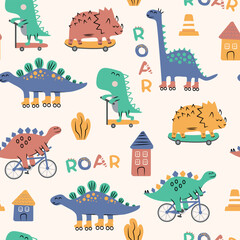 Dinosaurs in the cite seamless pattern. Cute colorful cartoon, dino on a skateboard, bike, rollers, scooter in flat style. © Viola