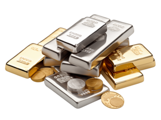 Gold And Silver Bars With Coins On Transparent Background