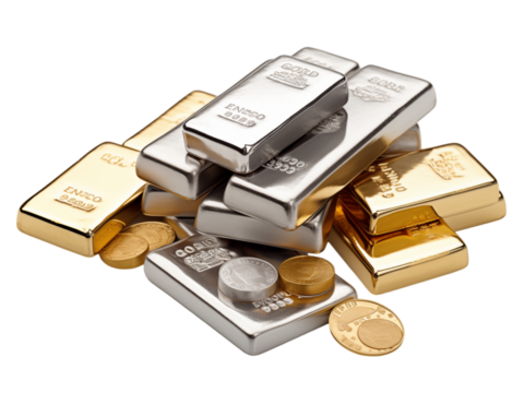 Gold And Silver Bars With Coins On Transparent Background