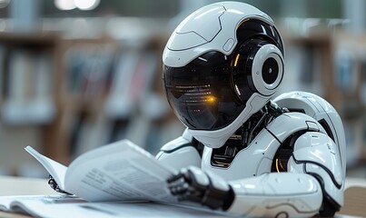 An artificial intelligence algorithm is being trained or updated, with a robot sitting at a desk and studying an instruction manual.