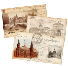 Vintage Postcards with Historical Landmarks and Handwritten Notes