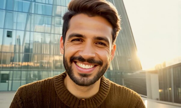 Close-up portrait video of a satisfied Brazilian man in his 30s wearing a chic cardigan against a modern architectural background 