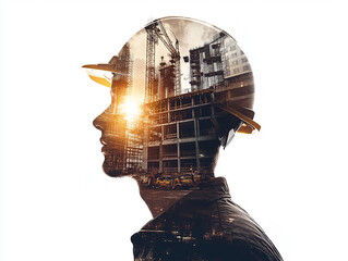 Double Exposure of Engineer in Helmet with Urban Skyline