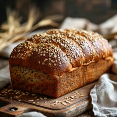 Naklejka premium Rustic Wholesomeness: A Hearthy Whole Wheat Bread on a Wooden Board with Seed Toppings, Nestled in a Cozy Handcrafted Ambiance