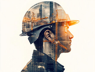 Double Exposure of Engineer in Helmet with Urban Skyline