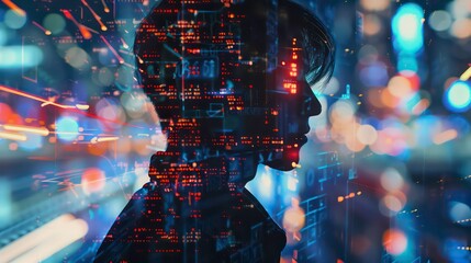 A digital art image featuring a silhouette of a woman against a blurred city lights background, layered with digital code and data overlays.