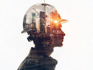 Double Exposure of Engineer in Helmet with Urban Skyline