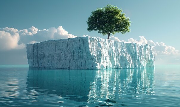 The concept of resilience is represented by a green tree growing on a solitary iceberg in the vast, open sea.