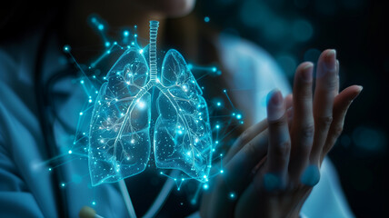 A doctor with a stethoscope holds a virtual lung