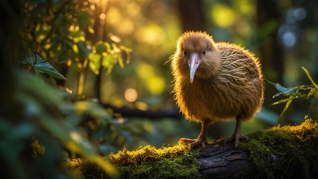 Adorable kiwi chick explores its natural habitat, its large eyes scanning the forest floor. This native New Zealand bird is a symbol of the country's unique wildlife