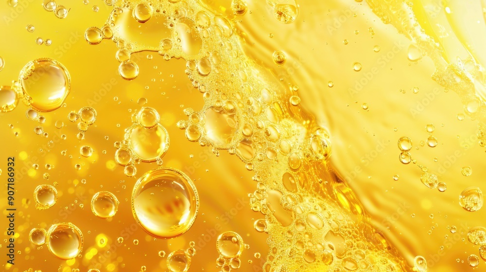 Poster A close-up view of a yellow liquid filled with bubbles, suitable for use in illustrations and designs where a chemical or scientific concept is being represented