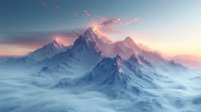 Snowy Mountain Range Illustration with Pink Clouds