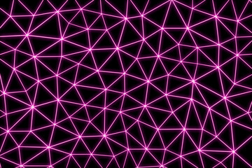 Pink glow style mesh netting pattern with triangles of different sizes and perspectives on black background