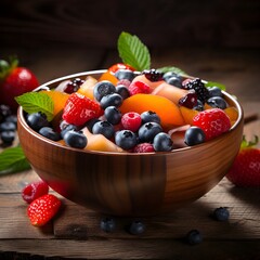 Fresh fruit salad on wooden background