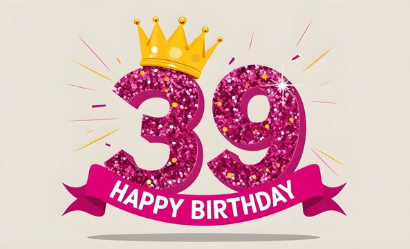Glistening 39th Birthday Celebration with Glittering Numbers, Golden Crown, and Festive Pink Banner