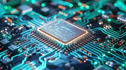 Obraz premium Close-up of a modern microchip on a circuit board, showcasing intricate connections and technology. Perfect for tech and electronics concept.