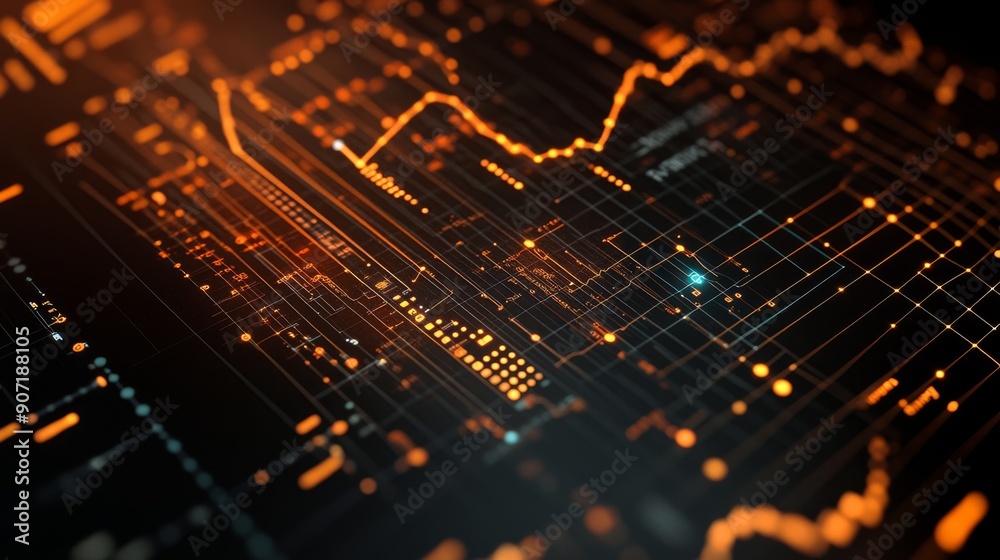 Aufkleber digital graphs, charts, and data streams in a modern interface. the background features a subtle gri
