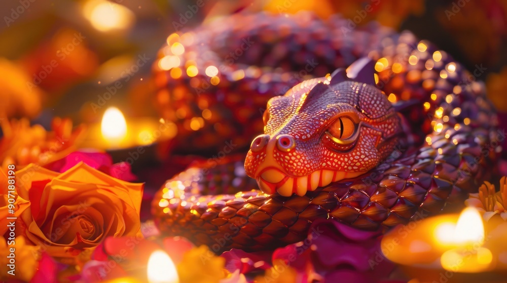 Poster A close-up view of a snake statue surrounded by colorful flowers, ideal for use in editorial or educational contexts