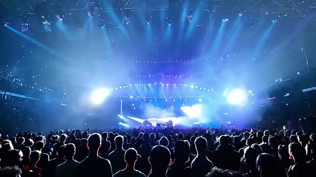 Excited crowd gathers in a large arena, enjoying an energetic concert with stunning light effects illuminating the atmosphere.