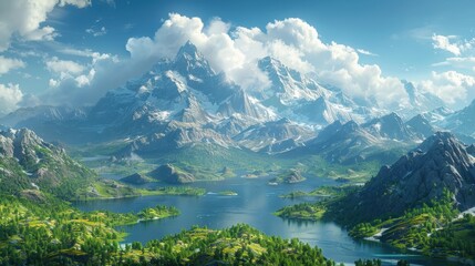 Fototapeta premium Mountain Lake Landscape Digital Illustration