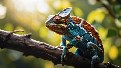 A vibrant chameleon perched on a branch, showcasing its incredible ability to change color. Its intricate patterns and striking hues are a testament to nature's artistry