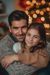 A man and a young girl share a heartwarming moment by a decorated Christmas tree