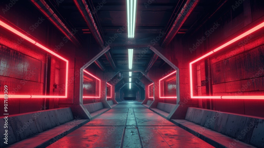 Poster a long corridor with red neon lights, perfect for adding ambiance to your project