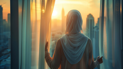 Arab businesswoman looking out the window of a building with skyscrapers at sunset
