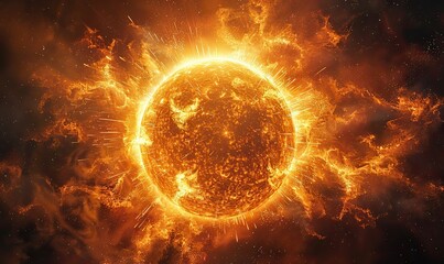 Fototapeta premium A blazing fireball or sun with intense flames and sparks against a dark background represents powerful heat energy.