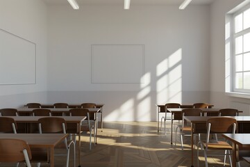 Bright modern classroom with wooden desks and chairs, large whiteboard canvas mock-up, educational background with copyspace
