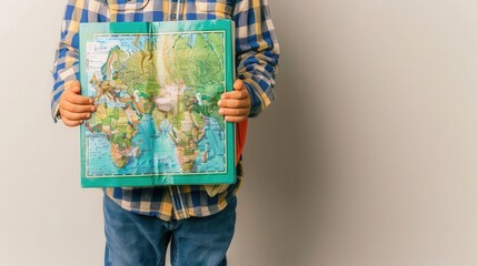 Naklejka premium Child holding a world map book in front of a beige wall, wearing a plaid shirt and jeans. Ideal for educational and travel content.