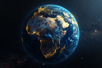 Obraz premium Illuminated Earth: A Satellite View of the African Continent, Middle East, and Asia at Night, Featuring Abstract Digital Cartography