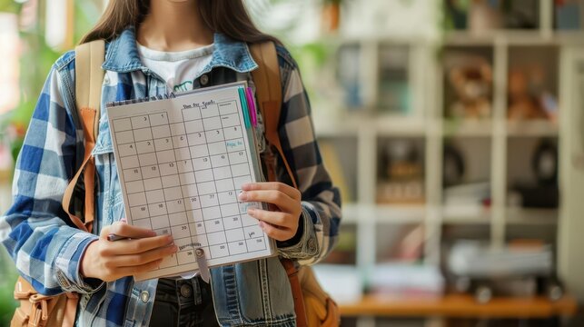Student holding a monthly planner, showcasing scheduling and organization skills in a study environment.