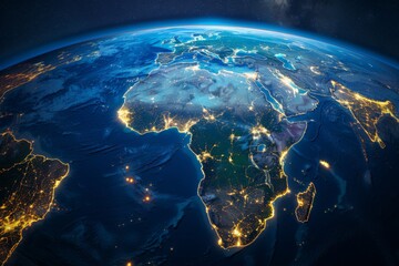 Fototapeta premium Illuminated Earth: A Satellite View of the African Continent, Middle East, and Asia at Night, Featuring Abstract Digital Cartography