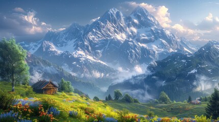 Cabin in the Mountain Meadow 3D Illustration