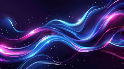 An abstract image featuring wavy lines in shades of purple and blue with glowing white dots on a black background.