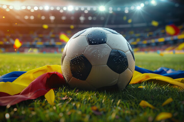 Soccer cup banner design with soccer ball and national flag of Colombia in sports stadium