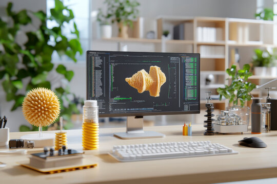 Advanced 3D Modeling, Computer screen with design software, Modern workspace setup. - Powered by Adobe