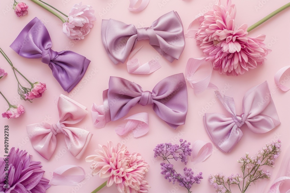 Poster a collection of purple and pink bows on a bright pink background, ideal for use in creative projects